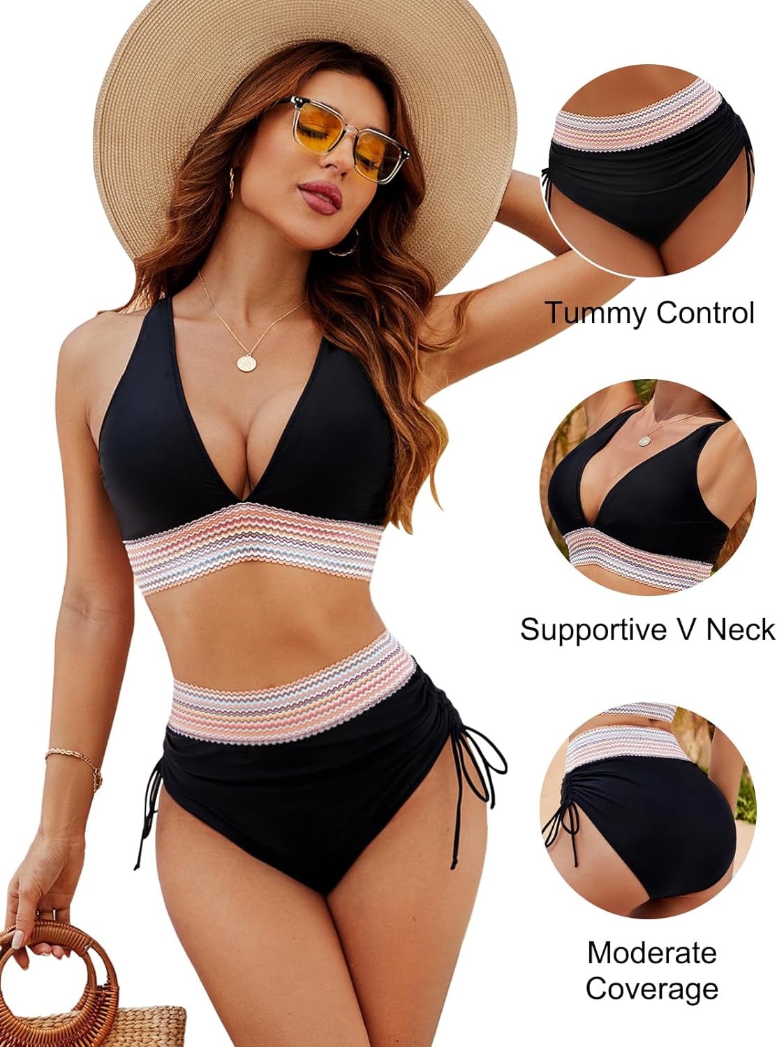 SheCurf®High Waisted Tummy Control Color Block Bikini Sets