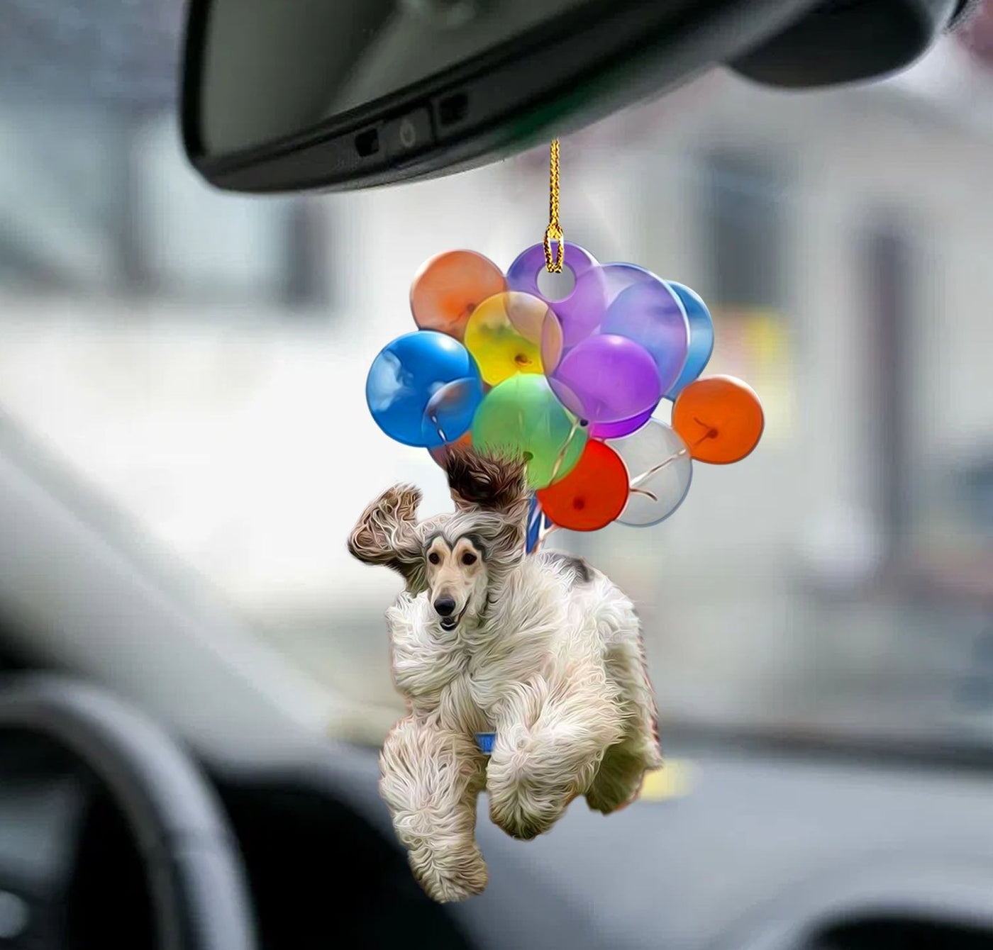 Afghaanse windhond fly met ballonnen autohanger