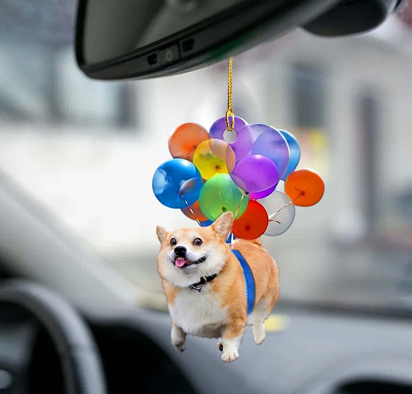 Corgi hond fly met ballonnen autohanger