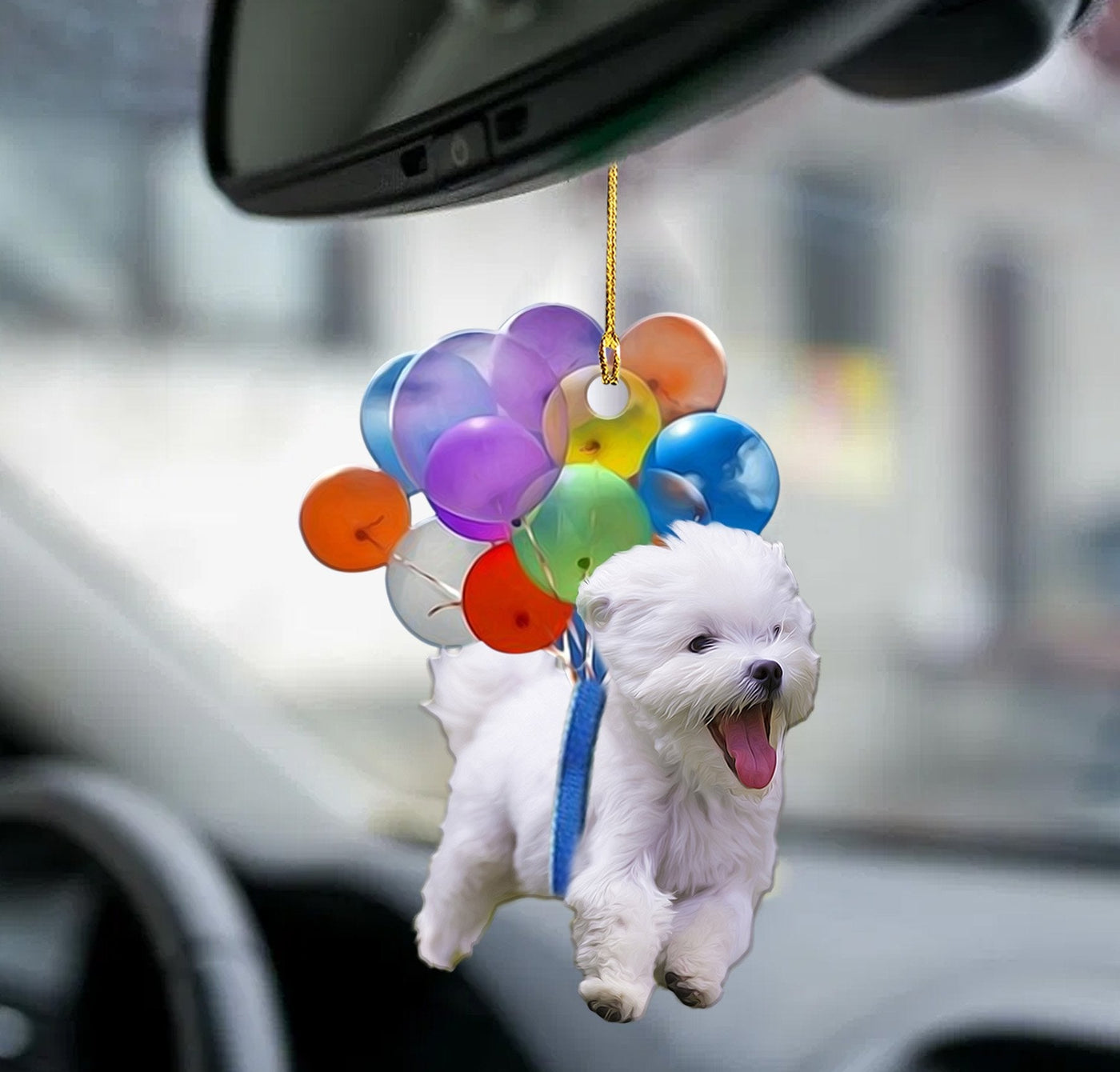 Maltese hond fly met ballonnen autohanger