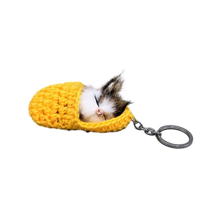 Handgemaakte slapend kitten sleutelhanger 1+1 GRATIS