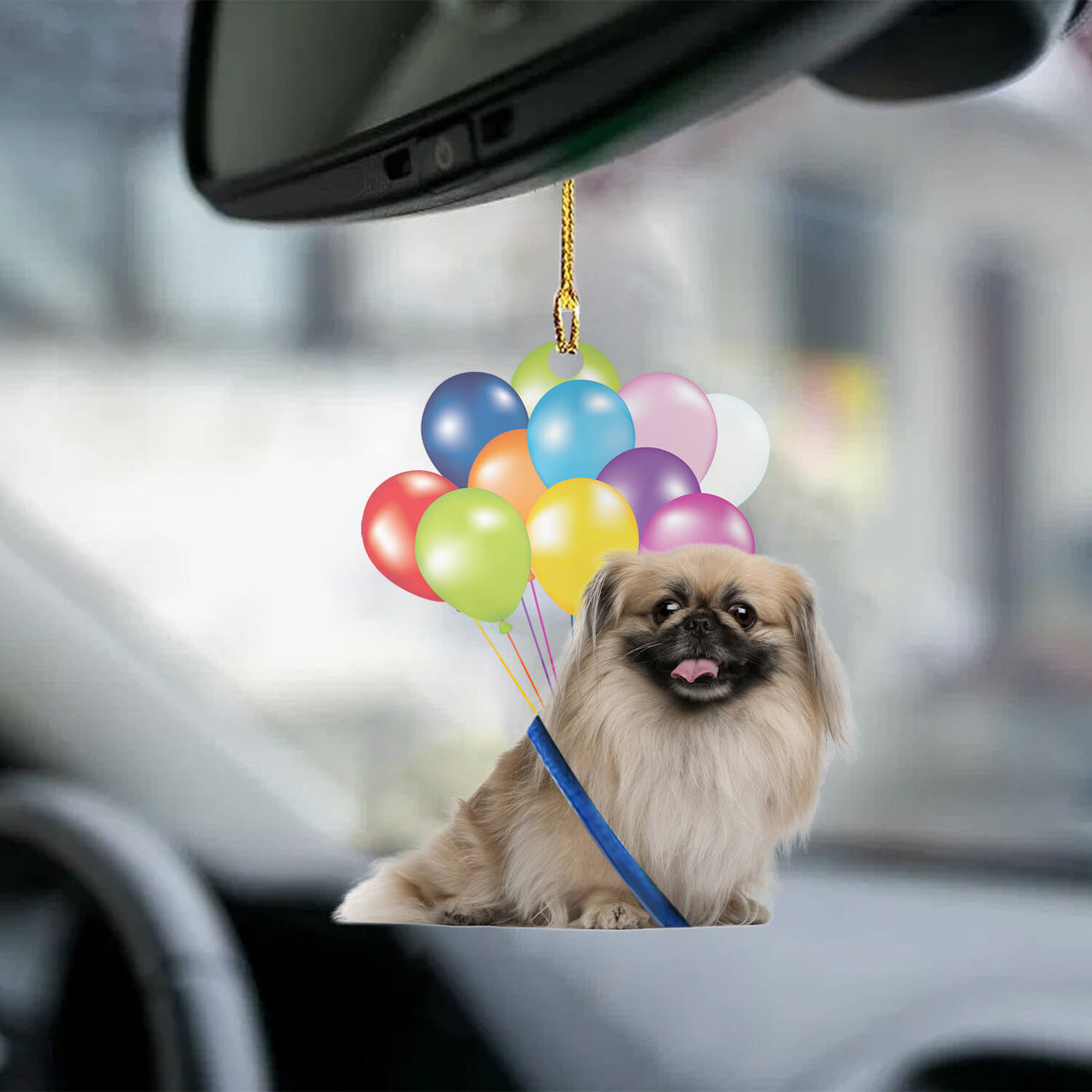 Pekingees hond fly met ballonnen autohanger