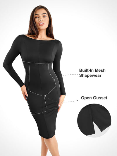 Shapewear Jurk Lange Mouw Crew Hals Rugloos Midi