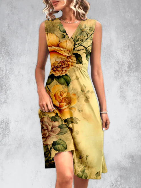 Bloemen design V-hals mouwloos midi dress